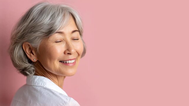 Senior Japanese asian woman smiling isolated on plain background for retirement insurance concept