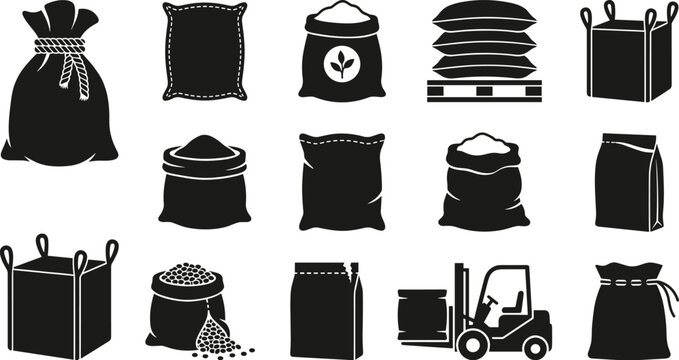 Industrial Packaging and Agricultural Sack Silhouette Icon Set Featuring Burlap Bags, Bulk Cargo Containers, Stacking Pallets, Spilled Grains, and Forklift Logistics