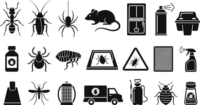Pest Control and Extermination Service Glyph Icon Set with Insects, Rodent Mouse, Bedbug, Traps, Chemical Sprays, and Service Van Symbols