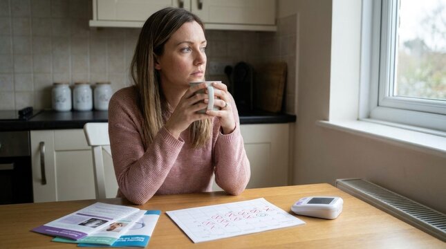 Maternal dream struggle: infertility challenge, woman reflect, future desire, medical monitor, cycle track, calendar mark, pensive mood, silent contemplation, conceive hope.