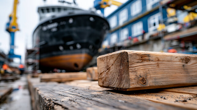 A precise close-up shot focused on the interaction between huge steel ship sections and the heavy wooden blocking and scaffolding supporting them on the dry dock floor, dynamic lin