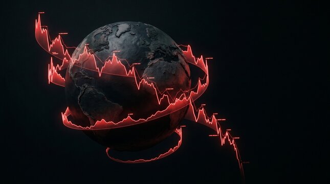 Global Economic Downturn Visualized as Red Chart Line Encircles Earth