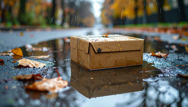 Recyclable cardboard box soaking in a water puddle on wet road showing eco friendly packaging design