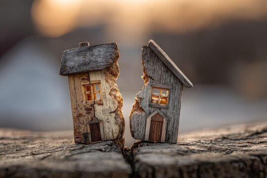 Miniature wooden houses cracked apart on textured surface, blurred background