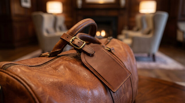 Blank brown leather luggage tag mockup on a luxury duffel bag in a cozy lounge