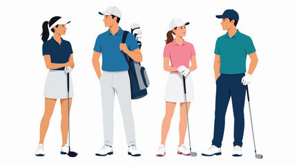 Fototapeta premium Illustrative group of four adult golfers, two men and two women, in modern golf attire, holding clubs and bags, ready for a leisure game