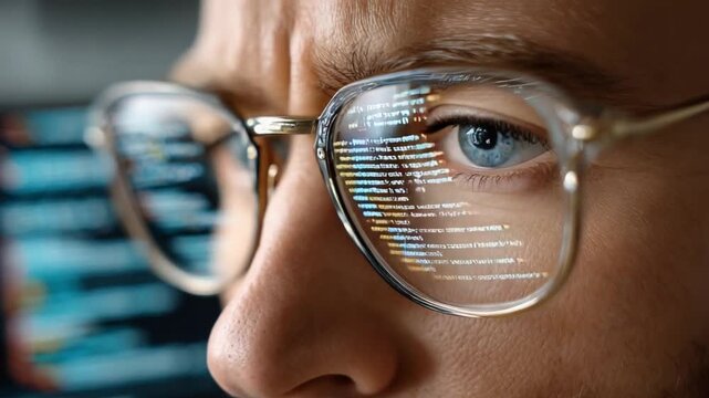Coder's Gaze: A focused programmer, wearing glasses, reflects lines of code in the lenses as they stare intently at a computer screen.