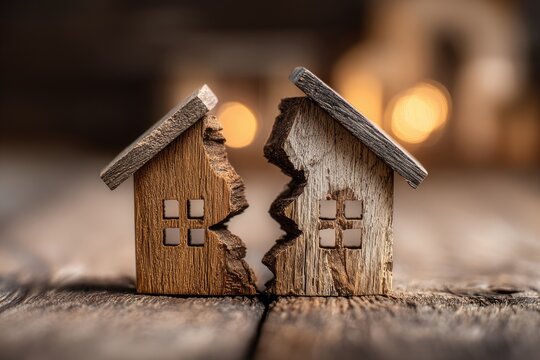Two wooden house halves, broken in half, on a rustic wooden surface