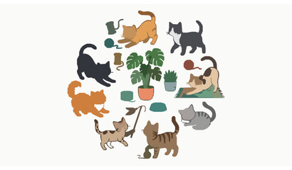 Obraz premium Cute Cartoon Cats Collection with Playful Kittens and Toys Adorable Pet Character Vector Illustration Set