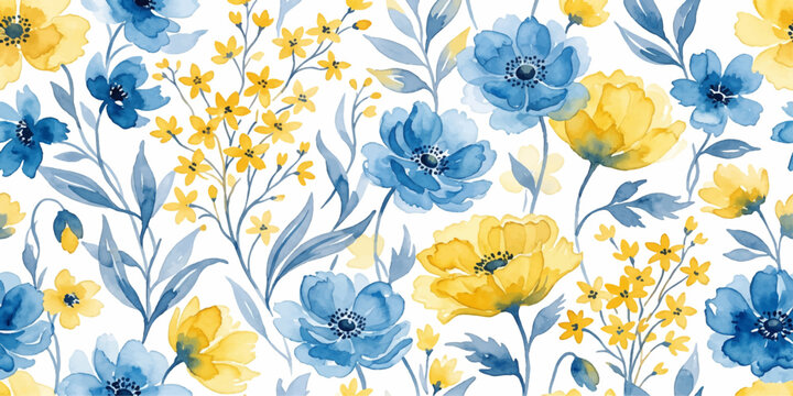 Watercolor Floral Delight: A vibrant watercolor pattern featuring blooming blue and yellow flowers intertwined with delicate leaves and stems, creating a charming and artistic floral design.