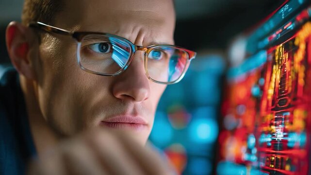 Focus on the Future: A man wearing glasses intently studies complex data displayed on a futuristic, glowing screen, symbolizing innovation and deep concentration.