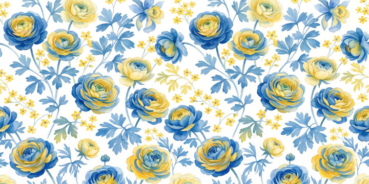 Blue and Yellow Ranunculus Pattern: A delicate watercolor pattern featuring vibrant blue and yellow ranunculus flowers intertwined with green foliage.