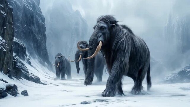 Ice age mammoths walk in the snow and beautiful winter mountain landscape