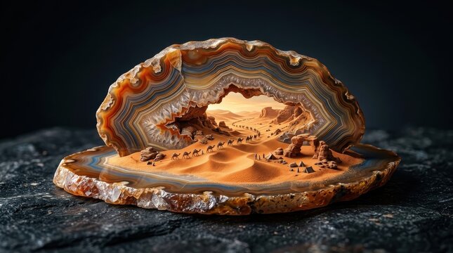 Desert landscape with camel caravan inside a polished agate geode stone