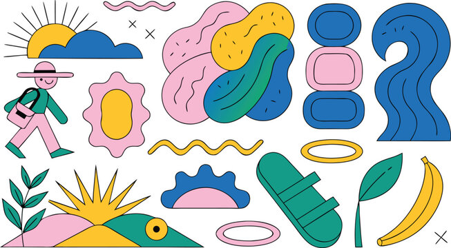 Abstract shapes and playful character on checkered background