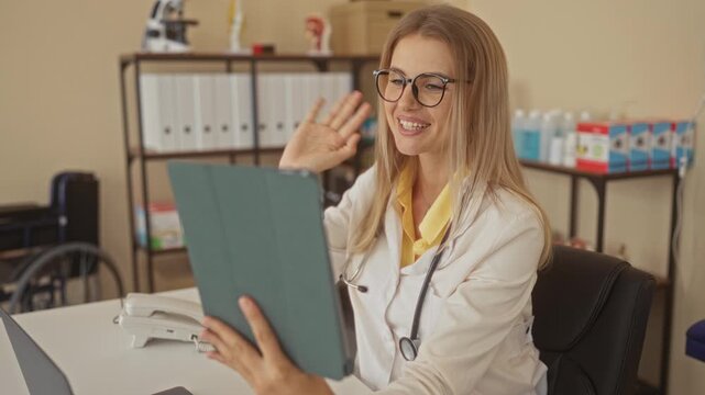 Woman doctor waving at tablet in medical office building, wearing white coat and stethoscope, smiling during virtual consult; telehealth connection reassurance.