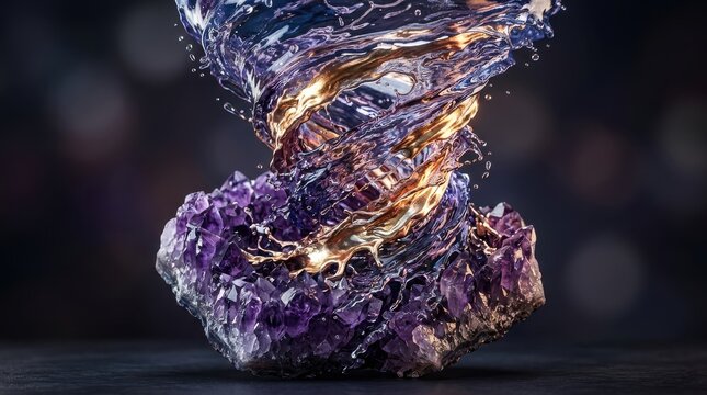Amethyst crystal geode with swirling liquid gold and purple vortex