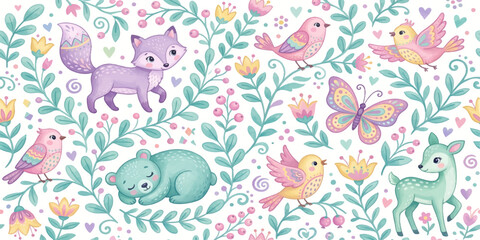 Whimsical Woodland Friends: A charming watercolor illustration depicts a collection of adorable forest creatures, including a fox, bear cub, fawn, birds, and butterfly. © MdBabul