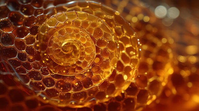 Close-up of a golden fossilized ammonite shell with intricate details and spiral pattern