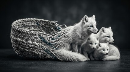 Fototapeta premium Arctic fox mother with three kits resting in a woven basket