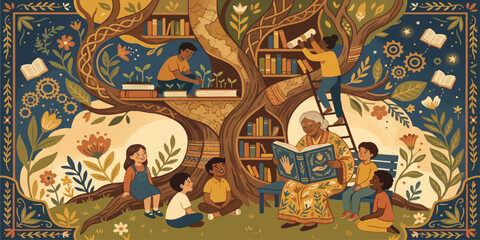 The Tree of Knowledge: A wise elder shares stories with a group of attentive children under the branches of a magnificent tree, its trunk adorned with bookshelves filled with wisdom. © MdBabul