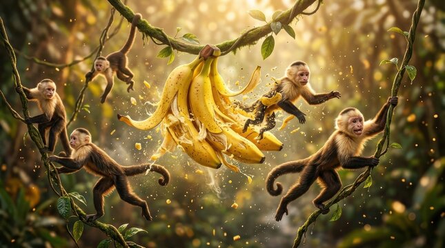Capuchin monkeys playing with bananas in a tropical jungle