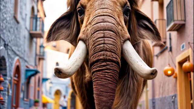 Ice age mammoths walk in the snow and beautiful winter mountain landscape