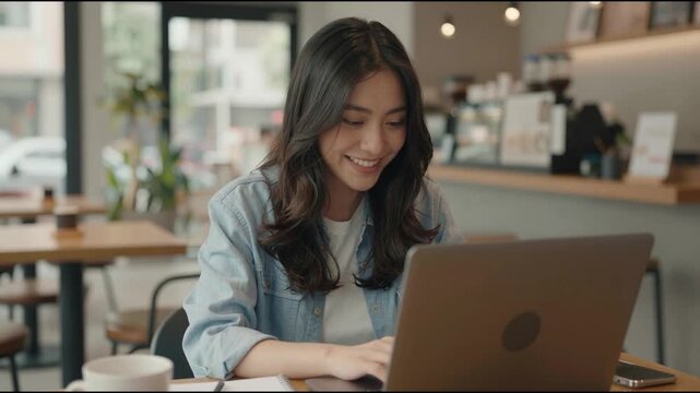 Young smiling woman wearing glasses using laptop at a modern cafe, enjoying remote work and online learning experience