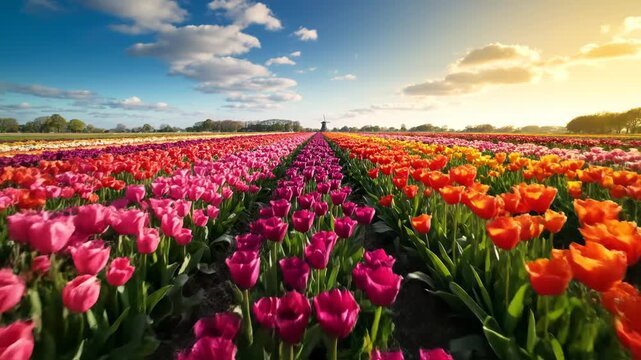 Vast field of blooming tulips arranged in colorful rows of red, yellow, and purple under a blue sky with fluffy clouds and a traditional Dutch windmill on the horizon at sunset.