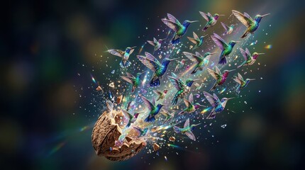 Fototapeta premium Hummingbirds flying out of a cracked walnut