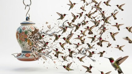 Fototapeta premium Hummingbirds flying from a decorative ceramic bird feeder