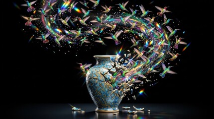 Fototapeta premium Hummingbirds emerging from a shattered decorative vase