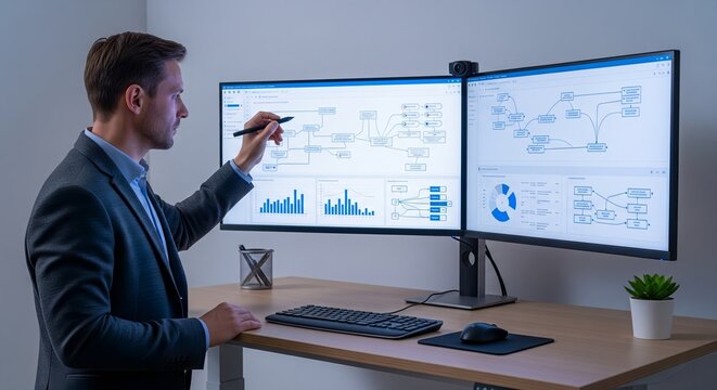 Businessman analyzing data on dual computer monitors in office