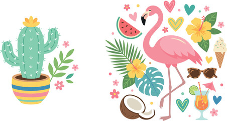 Cute tropical summer vector element set featuring a pink flamingo potted cactus hibiscus flowers cocktail watermelon and coconut for beach holiday design layouts. © Md. Ashik Hossain