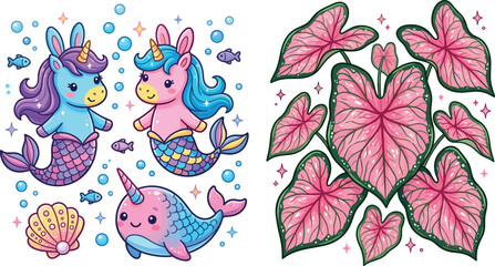 Cute purmaid unicorn mermaid character elements set under the sea with narwhal alongside pink caladium elephant ear plant leaves vector illustration. © Md. Ashik Hossain