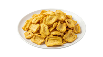 Fototapeta premium Dried jackfruit chips in a white plate, crispy healthy snack, isolated on transparent background, top view