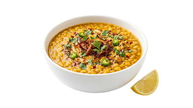 Dal tadka or yellow lentil soup in a white bowl with fried onions and lemon slice, isolated on transparent background