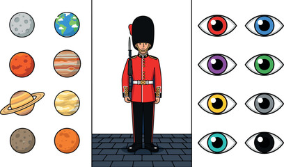 Diverse vector asset bundle featuring solar system planets royal guard soldier in red uniform and colorful human iris eye icons illustration © Md. Ashik Hossain