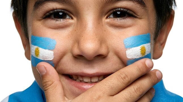 Smiling young boy with Argentine flag painted on his cheeks showing patriotism and joy on his face with a blue shirt