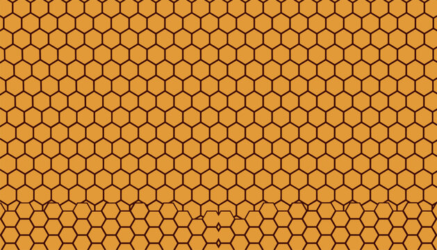 Golden honeycomb seamless pattern vector illustration with yellow hexagon cells texture background for sweet honey or bee hive backdrop graphic design.