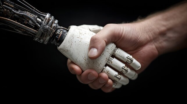 Human hand shakes robotic arm in a dark setting, representing future tech