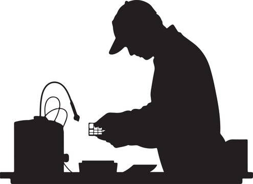 Black silhouette man working with soldering iron and worker