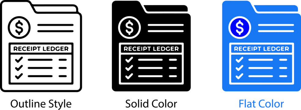 Receipt ledger folder icon set in outline solid and flat color design for business and finance document management and accounting applications Vector