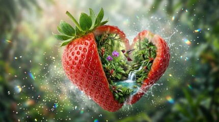 Fototapeta premium Heart shaped strawberry containing a tropical jungle ecosystem with a waterfall