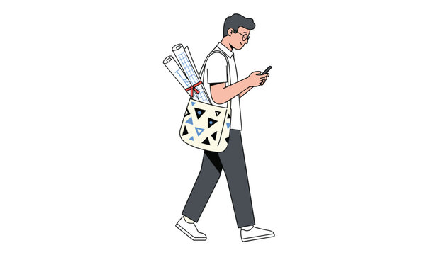 Young architect male student walking with blueprints in shoulder bag