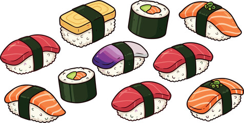 Japanese sushi vector icon set featuring traditional nigiri salmon tuna tamago egg maki rolls and sashimi elements for restaurant menu and food packaging design. © Md. Ashik Hossain