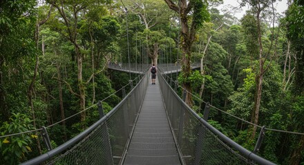 Fototapeta premium A person walks across a suspension bridge in a dense forest with trees and greenery