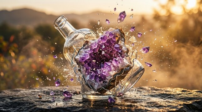Amethyst crystal cluster shattering a glass bottle outdoors