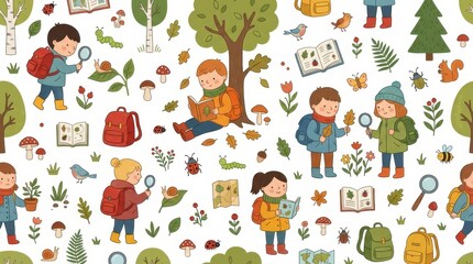 Fototapeta premium Young children explore nature, observing insects, plants, and reading books outdoors during autumn