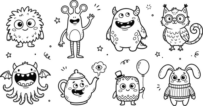 Cute Cartoon Monsters and Creatures Line Art Set